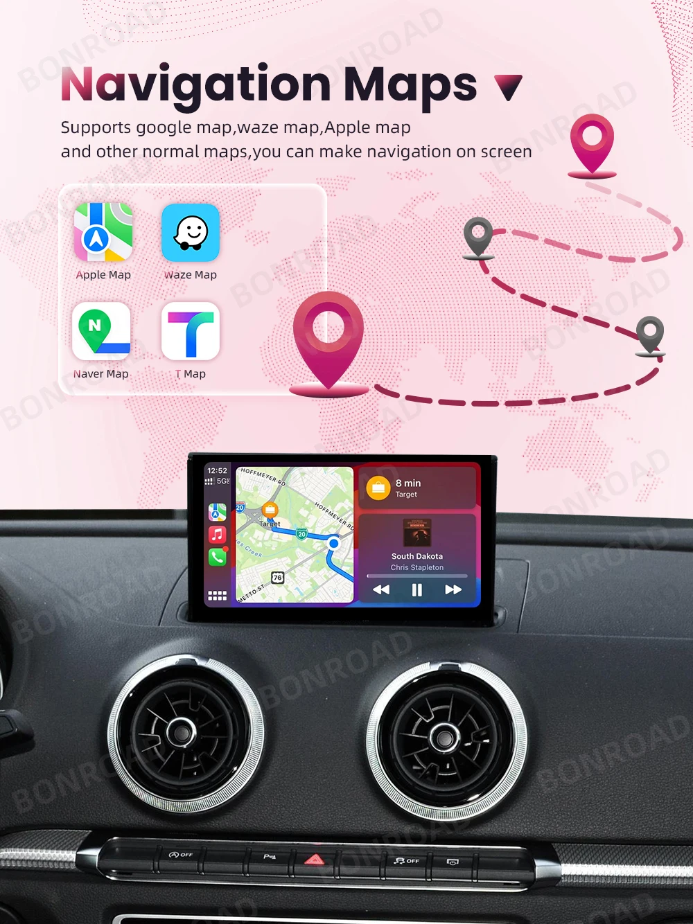BONROAD Kabelloser CarPlay Android Auto Adapter für Audi A3 S3 8V A4L A5 Q5L Q2L Q7 MIB Mirror Link AirPlay Bluetooth GPS Navigation – Detail 7