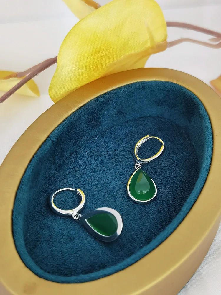 100% 925 Sterling Silver retro Feng Shui drop shaped green jade earrings