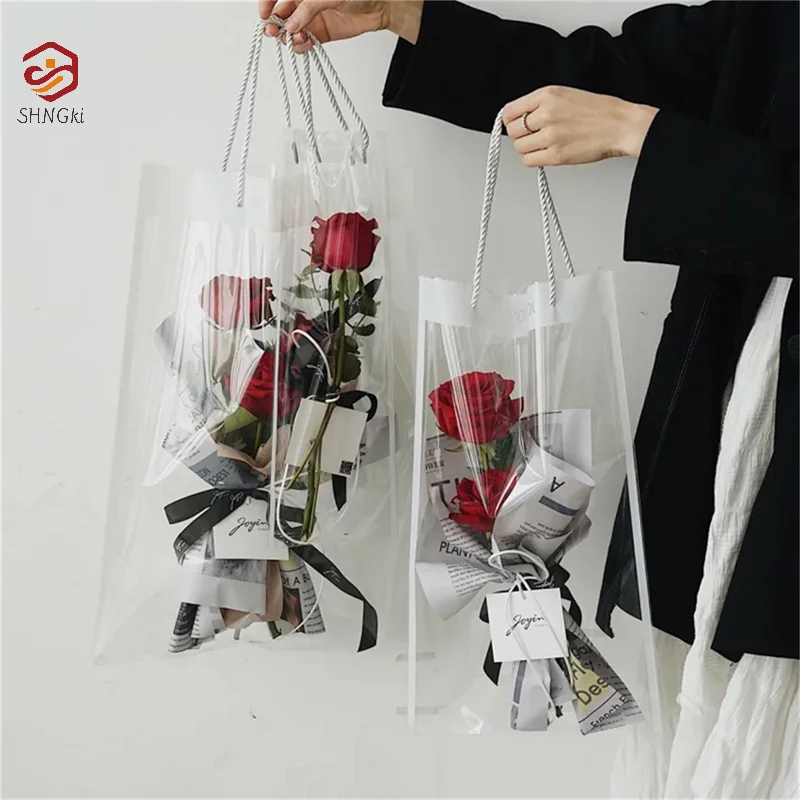 For Bouquet Gift Bag Packaging Bags Flowers Wrapping Transparent With Handle Florist Plastic Bag Party Supplies 10/20pcs