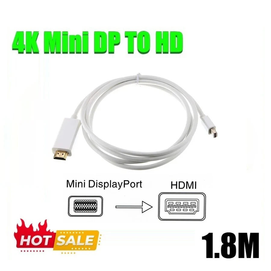 Cabo Conversor Mini DisplayPort para HDMI 4K de 1,8M, Adaptador DP para HDMI compatível com Laptop, Projetor e Mac