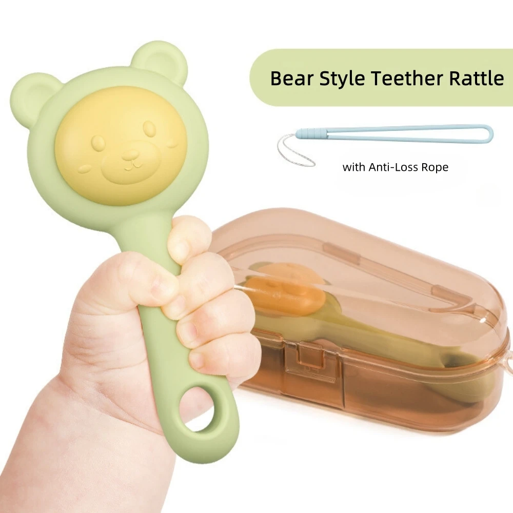 Teether Rattle Toy for 18M+, Food Grade Silicone Rabbit Bear Animals Toy, Sensory Toys for Toddlers, Travel Toys for Babies 4