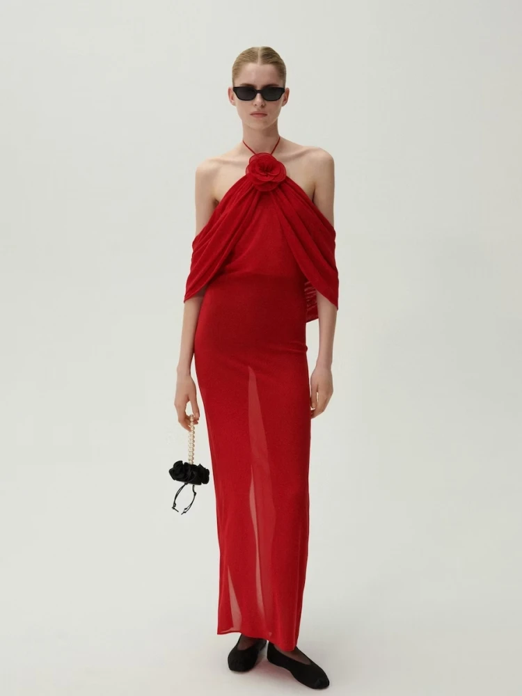 

Женское Бандажное платье с открытой спиной, Красное Длинное облегающее платье с цветочным 3D принтом и лямкой на шее, без рукавов, с открытыми плечами, в стиле Звезд