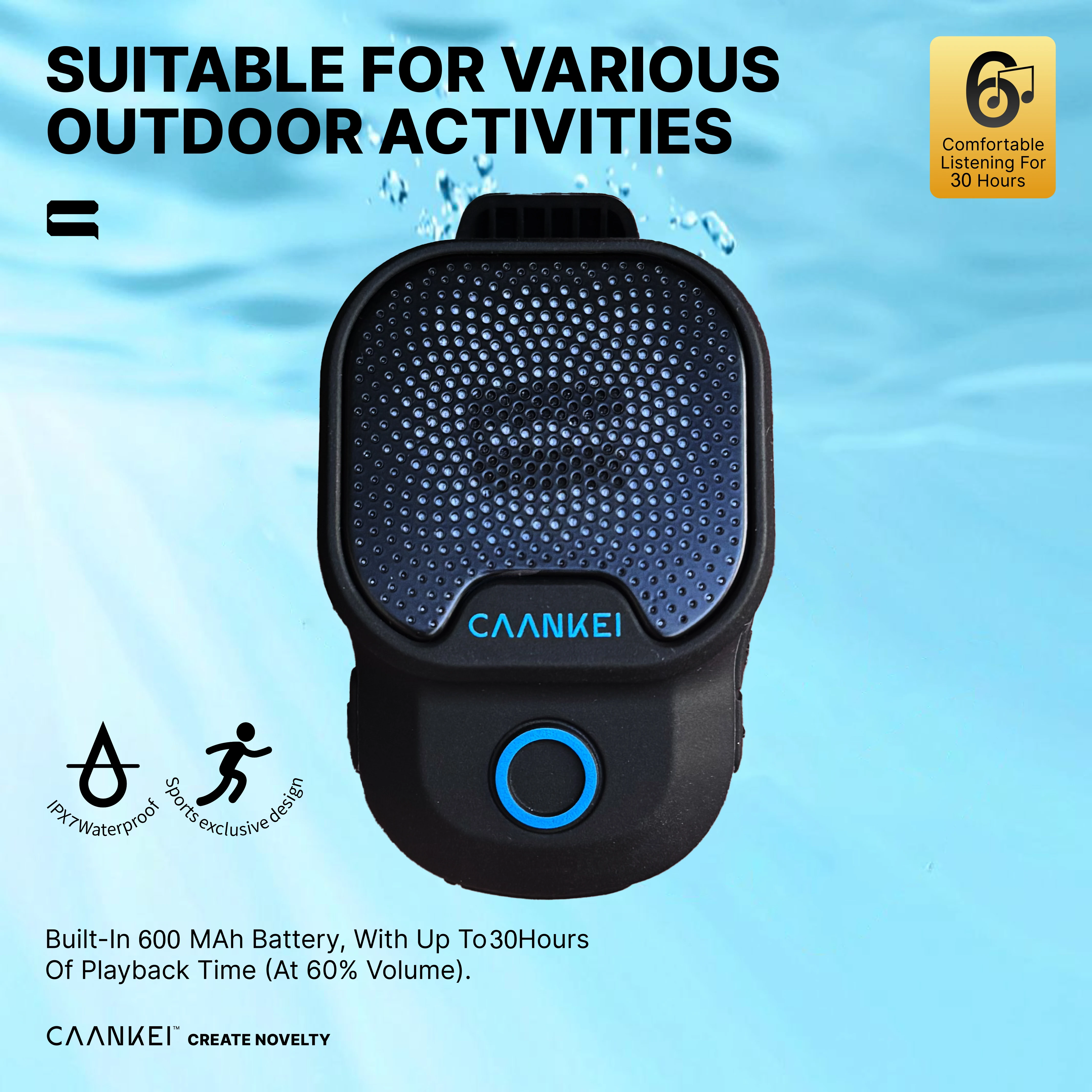 Rugged Waterproof Bluetooth Clip-On Speaker with Built-in Microphone