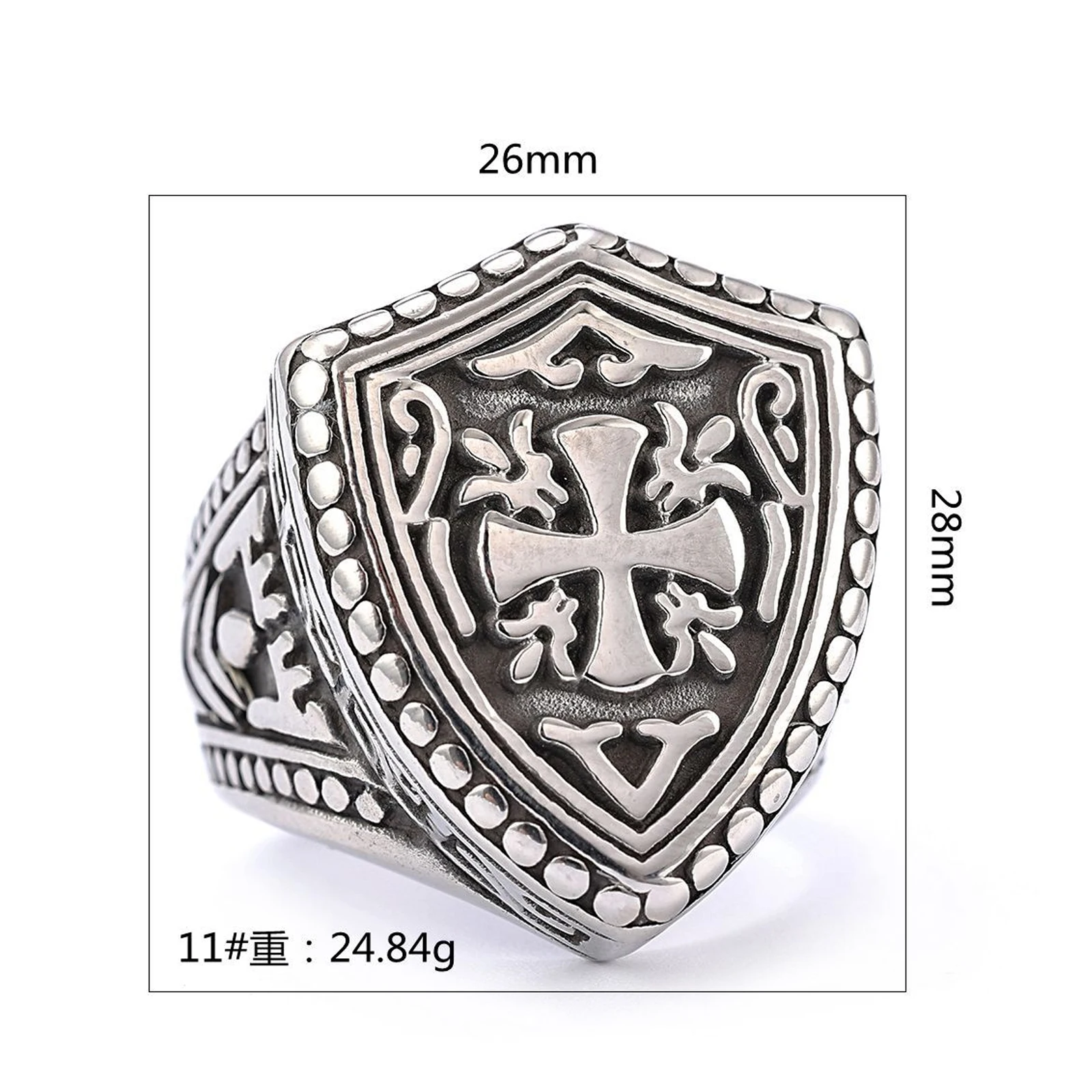 Men's Templar Cross Shield with Engraved Stainless Steel Ring Fashion Retro Knight Accessory