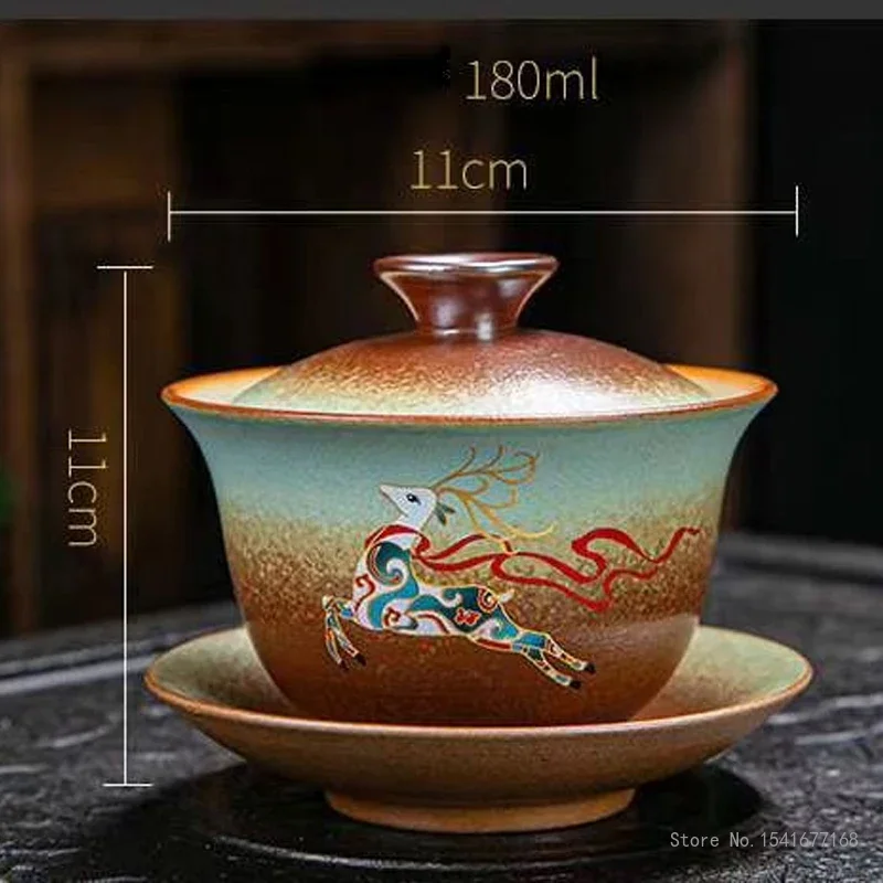 Creative Chaishao Kiln Glazed Three Talent Covered Bowls, Vintage Ceramic Household Chinese Kung Fu Tea Set Brewing Tea Bowl 1Pc