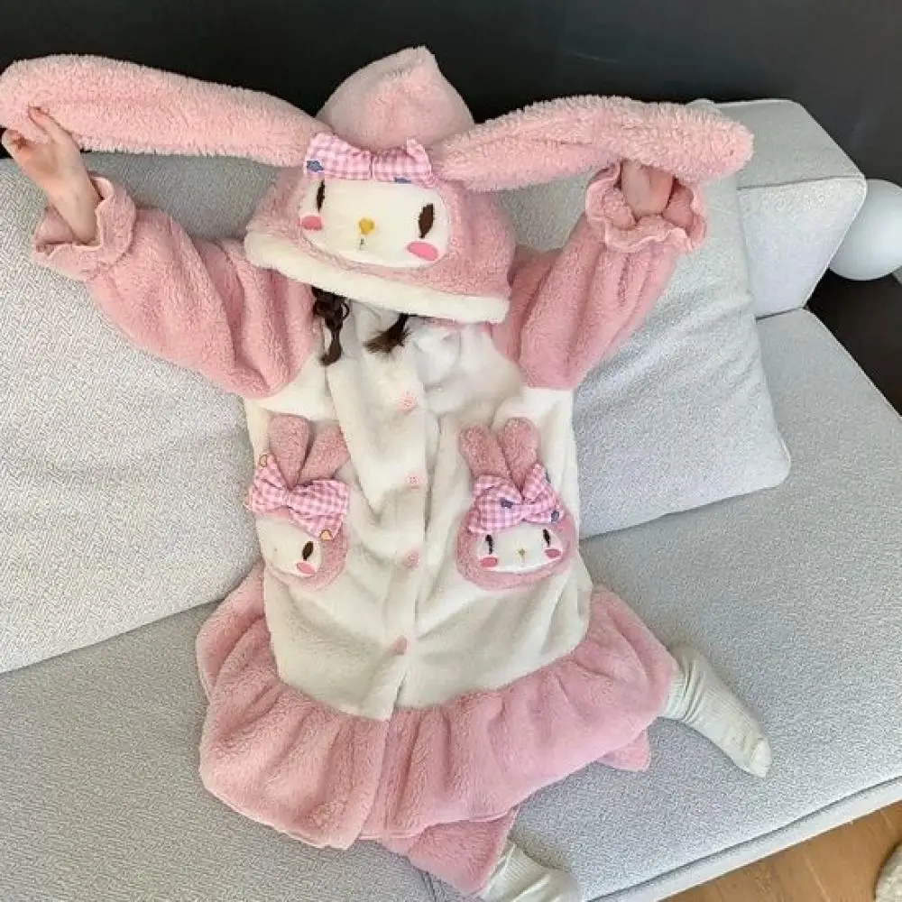 Kawaii Sanrio My Melody Girls Nightgown Suit Autumn Winter Pajamas Anime Sleepwear Flannel Homewear Child Cute Loungewear Robe