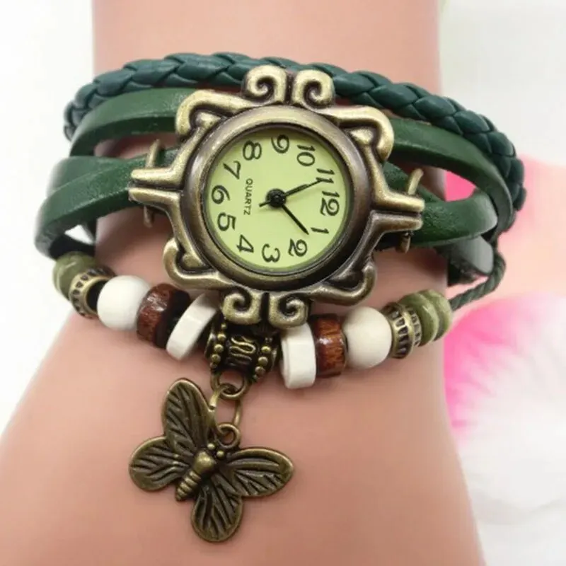 Leather Strap Butterfly Pendant Women Bracelet Watch women watches