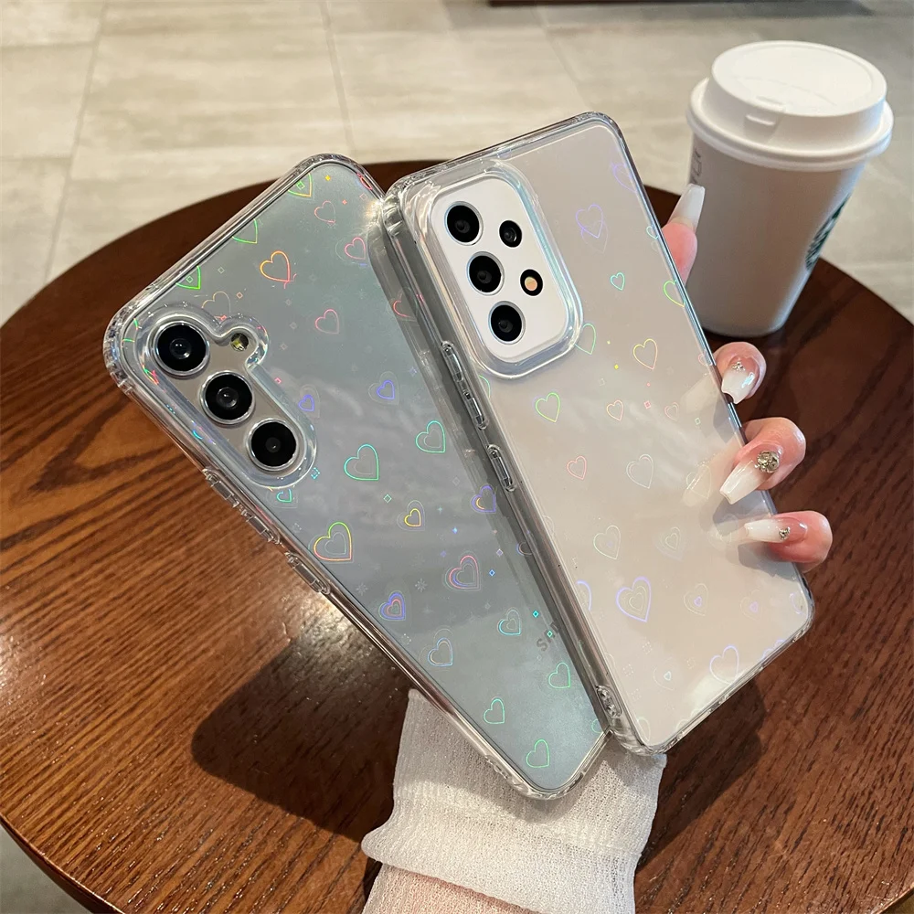 Laser Gradient Love Heart Clear Phone Case - Cute Protective Cover