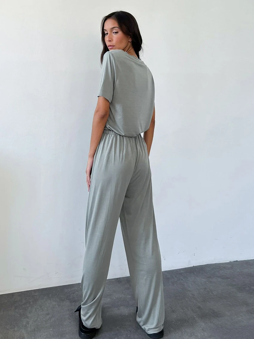 Marthaqiqi Gray Ladies Nightgowns 2 Piece Suit O-Neck Sleepwear Half Sleeve Pajamas Wide Leg Pants Casual Home Clothes For Women