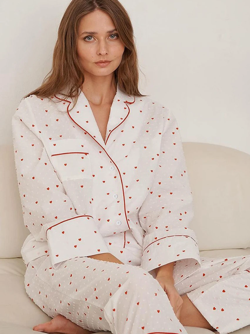 Marthaqiqi Printing Female Pajama Suit Sexy Turn-Down Collar Sleepwear Long Sleeve Pyjamas Pants Cotton Casual Women Nightie Set