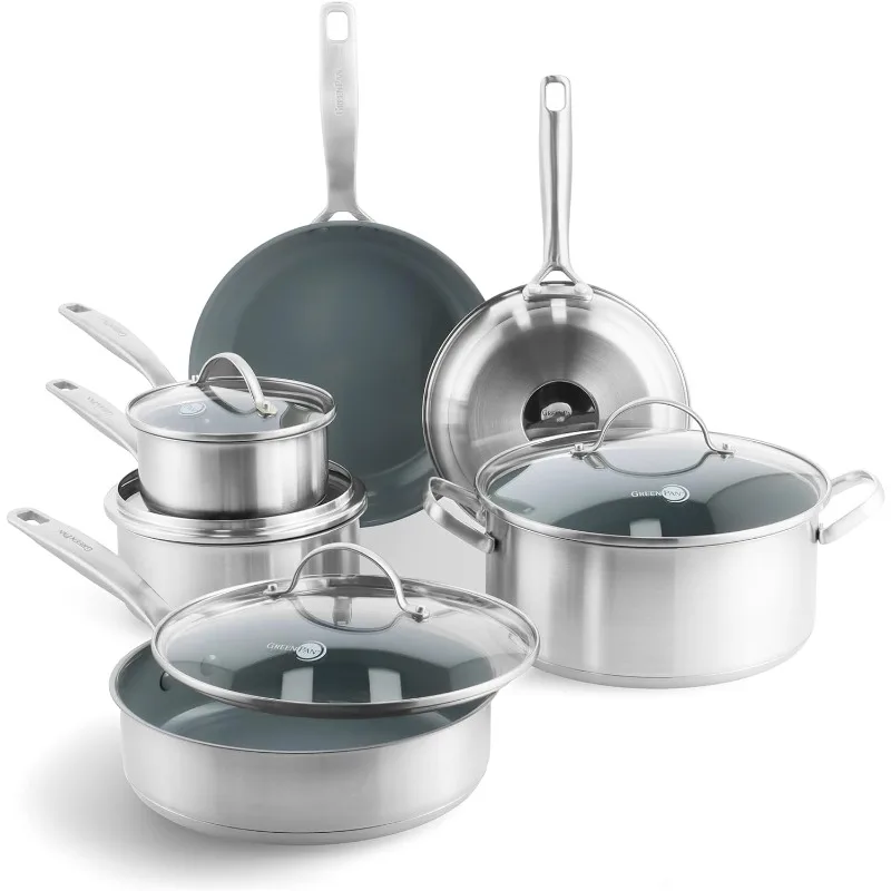

Treviso Stainless Steel Healthy Ceramic Nonstick, 10 Piece Cookware Pots and Pans Set, PFAS-Free, Clad, Induction,