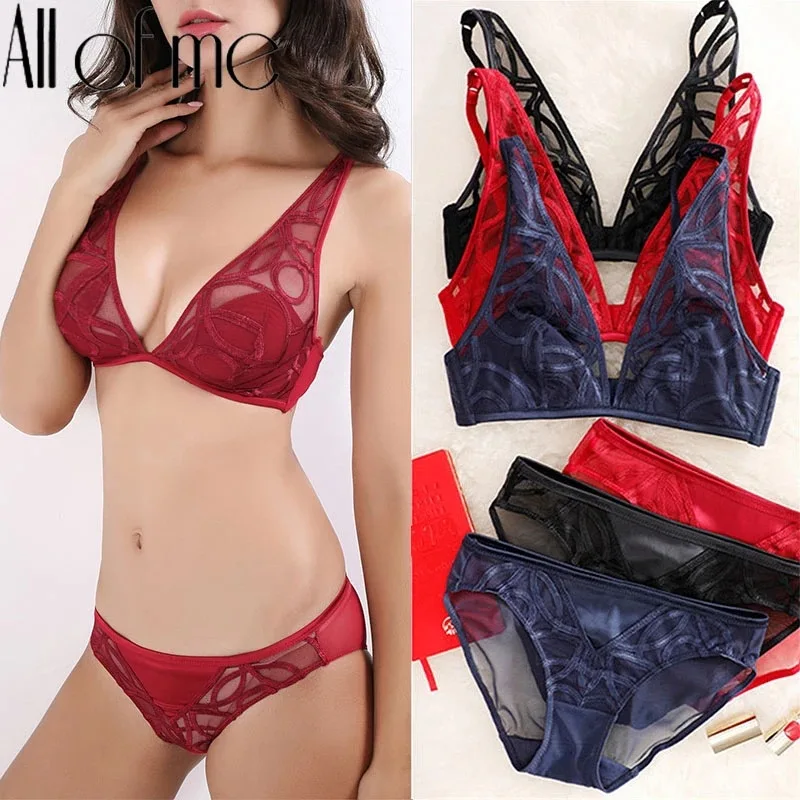 sexy bra panty Europe And America Lace Beautiful Back No Steel Ring Bras Suit Sexy Deep V Ma'am Underwear Suit Ultrathin Ventilation underwear sets sale