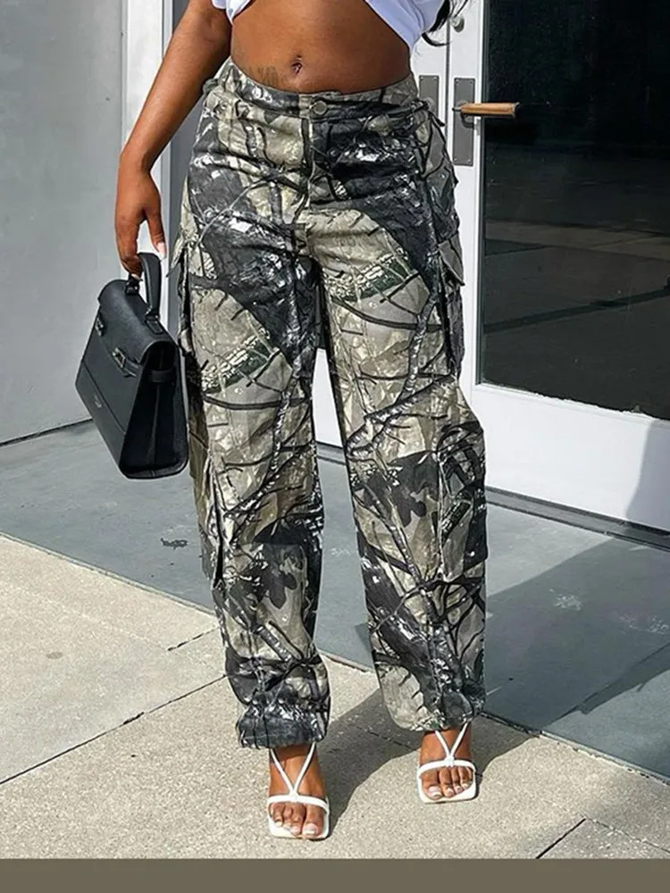 

Camo Camouflage Button Fly Long Pants for Women Tummy Control Straight Wide Leg Casual Pants with Multi Pockets Lounge Trousers