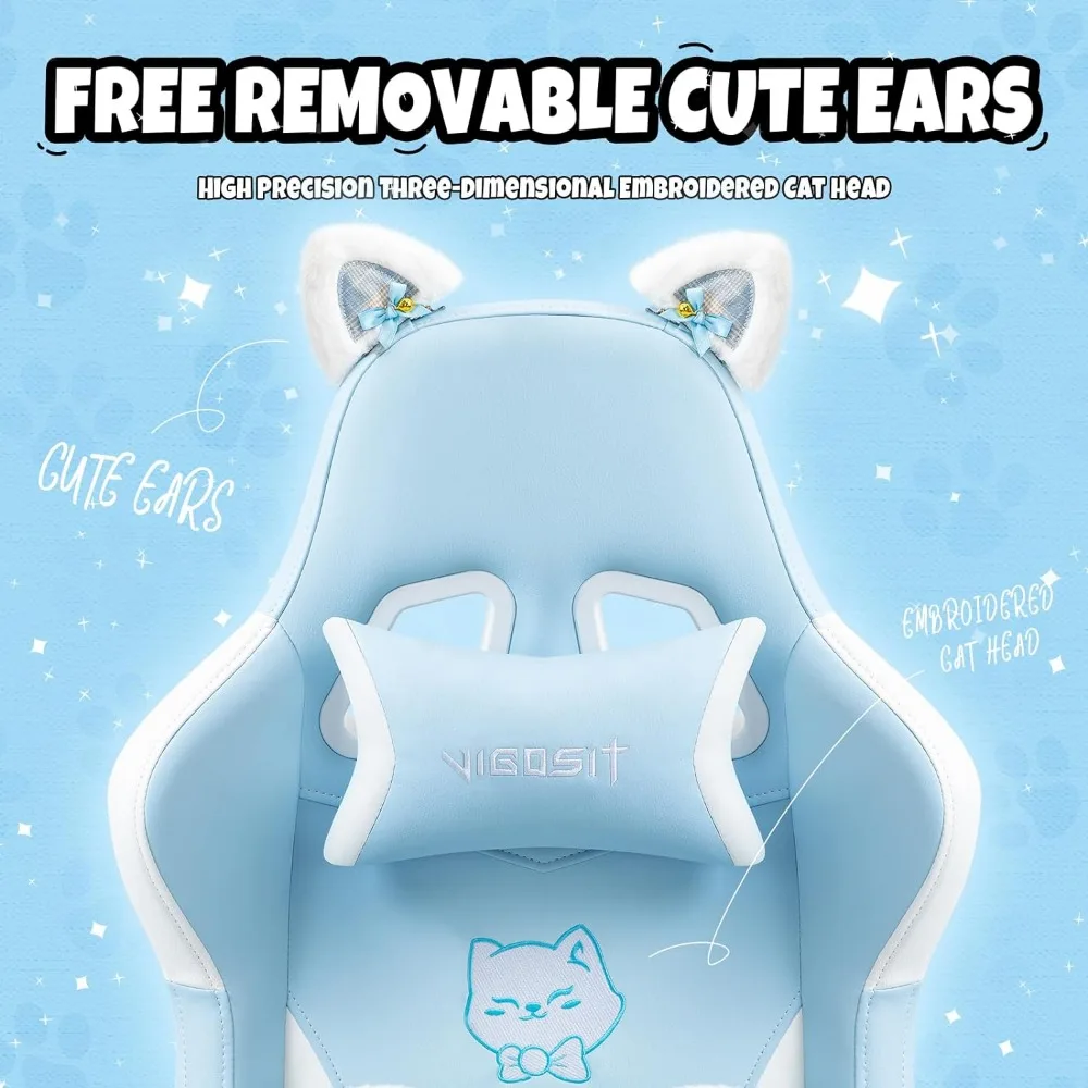 Promotional image of a light blue plush gaming chair with removable cute ears and a three-dimensional embroidered cat head design.