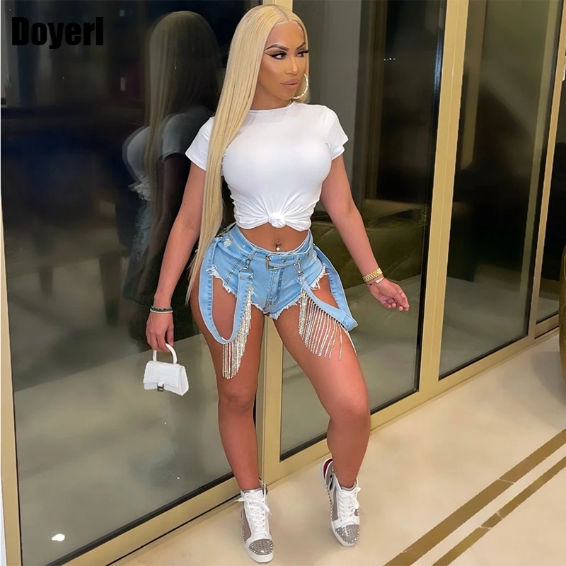 

Rhinestone Tassel Denim Shorts Women 2022 New High Waist Blue Skinny Jeans Shorts with Straps Stretchy Summer Sexy Women Shorts