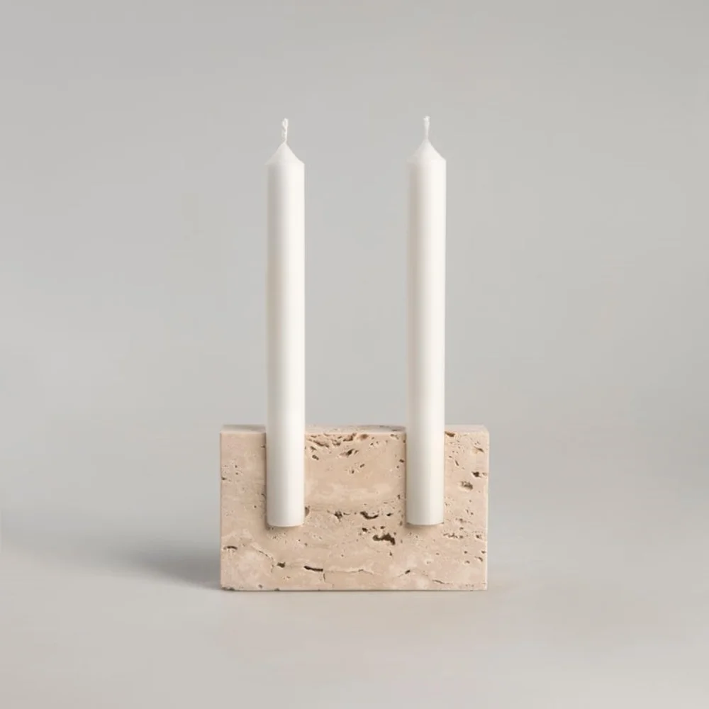 Custom Nordic Home Religious Decorative 12x8x3cm Natural Stone Beige Red Travertine Marble Candle Stick Candlestick Stand Holder