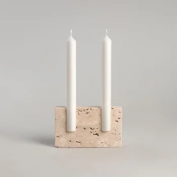 Custom Nordic Home Religious Decorative 12x8x3cm Natural Stone Beige Red Travertine Marble Candle Stick Candlestick Stand Holder