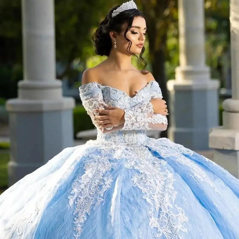 

Luxury Blue Quinceanera Dress Applique Lace Beads Long Sleeve Ball Gown Sweet 16 Girls 15 Vestidos 15 De Años