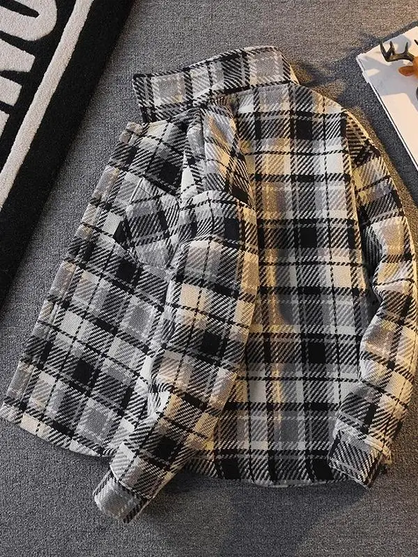 남성용 겨울 플리스 안감 모직 체크 셔츠 재킷 긴팔 보온 아우터웨어 패셔너블 브랜드 청년 팝 루즈핏 가을 겨울