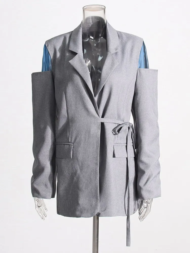 KBQ Spliced Lace Up Loose Chic Blazer For Women Notched Collar Long Sleeve Patchwork Pocket Hit Color Casual Blazers Female New