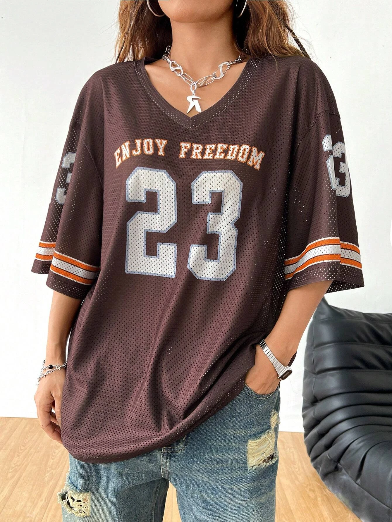 Summer New Enjoy Freedom 23 Print T-Shirt For Women V-Neck Short