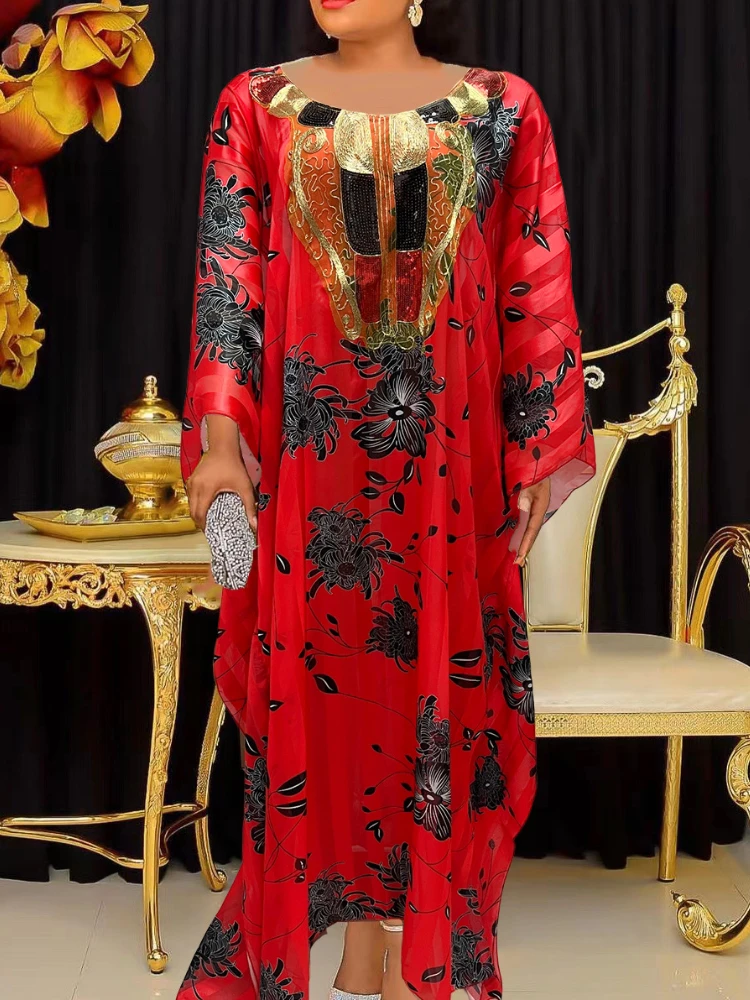 

Loose maxi Printed Dress Women's Batwing Sleeve Shiny Gold Silk Floral Elegant Casual O Neck Party Evening African Female Robes