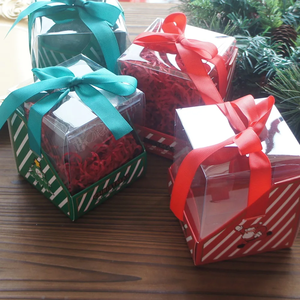 

10pcs Red Green Christmas Plastic Inside Paper Box with Ribbon Candy Chocolate Soap Candle Cookie Gift Packaging Party Decor