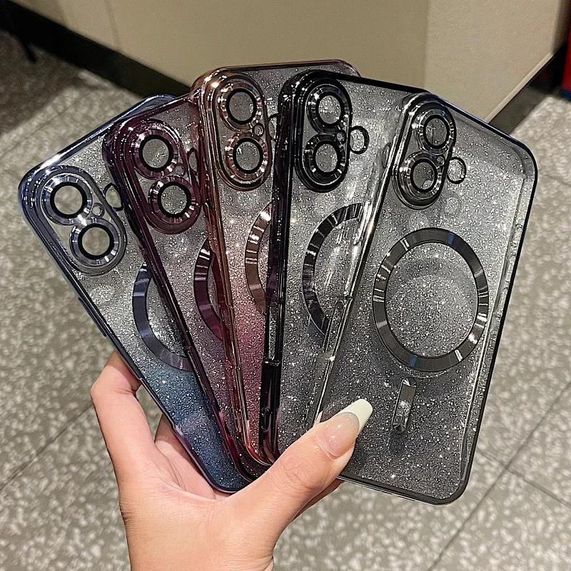 Coque de téléphone souple magnétique à paillettes de luxe pour iPhone 16 15 14 13 12 11 Pro Max Plus, coque de chargement sans fil antichoc_voghion.com