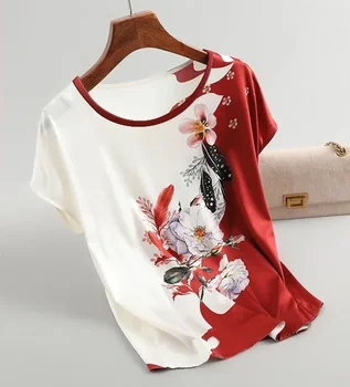 Plus Size Women Silk Satin Blouses Spring Summer Floral Printing Blouse Female Fashion Shirt Tops - Image 5