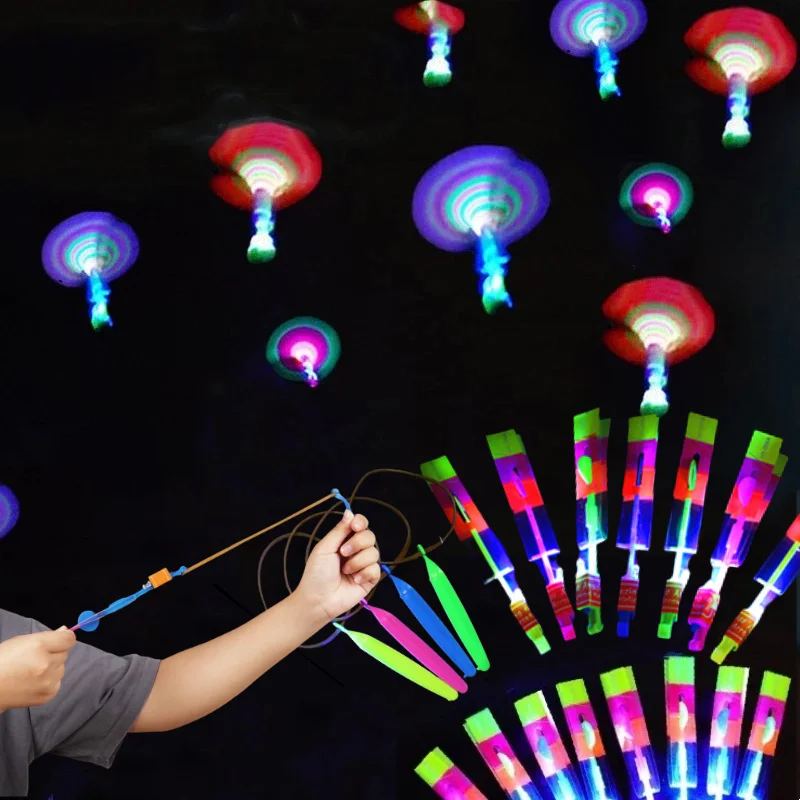 Outdoor Flash Rocket toy LED Lights Glowing Slingshot Rocket Helicopter Flying Toy kid's Party Fun Gift Rubber Band Ejector Toys 1