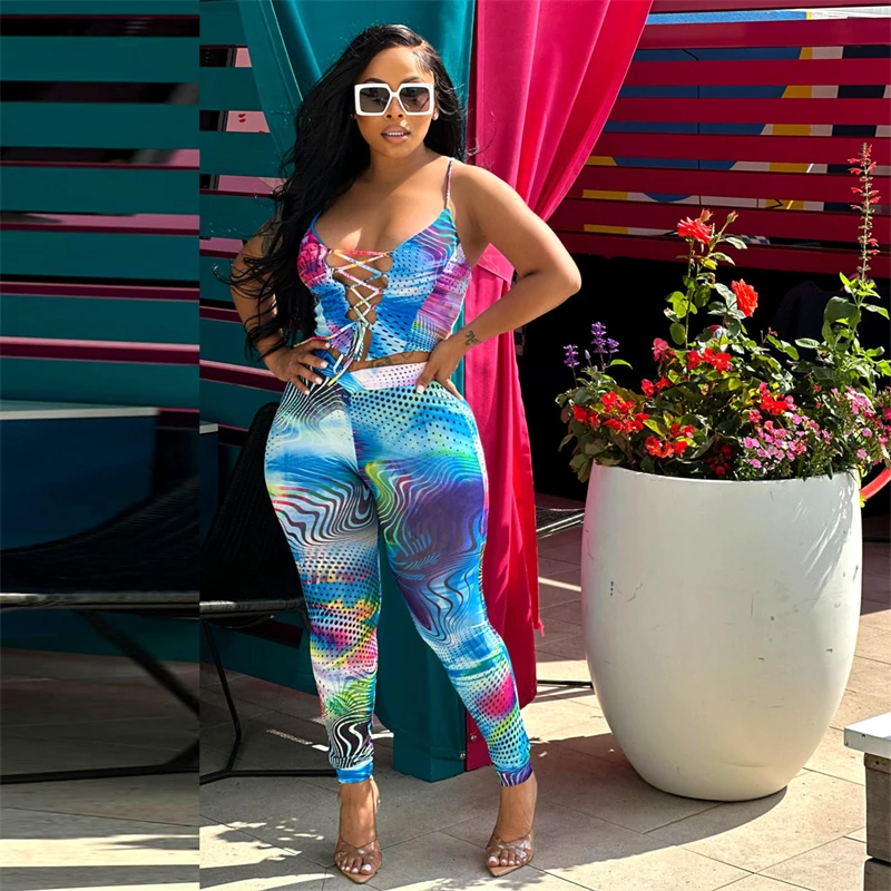 

2023 Summer Autumn Nigeria Women's Print Sleeveless Short Top Pants Two Piece Set For African Women Fashion Sexy Trousers Outfit