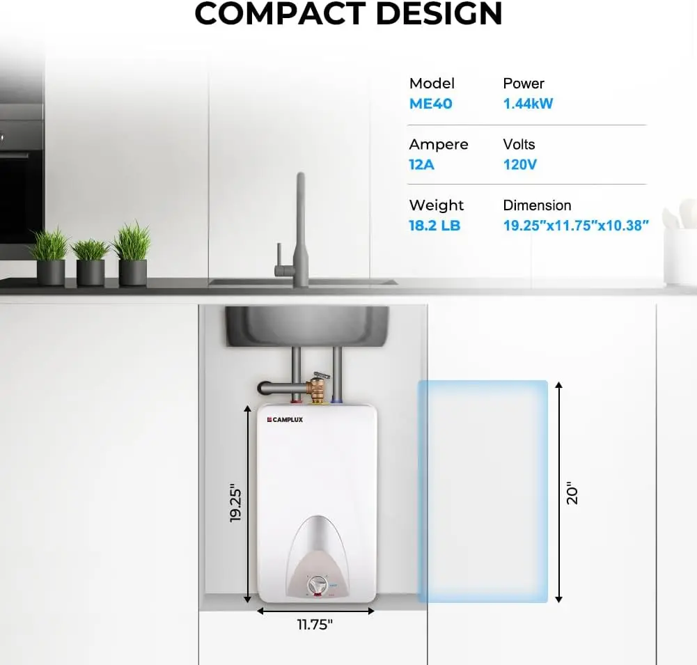 Mini Tank Electric Water Heater ME40 4.0 Gallons, Point of Use No Wait for Hot Water Under Kitchen Sink 120V 1440W, Wall