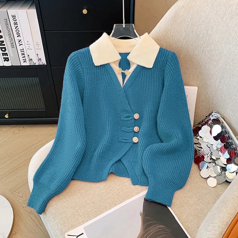 New 2025 Autumn Winter Design Splicing Slim Women Knitted Cardigan Sweater Jacket Fashion Fake Two Items Loose Ladies Top 2