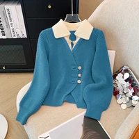 New 2025 Autumn Winter Design Splicing Slim Women Knitted Cardigan Sweater Jacket Fashion Fake Two Items Loose Ladies Top 2