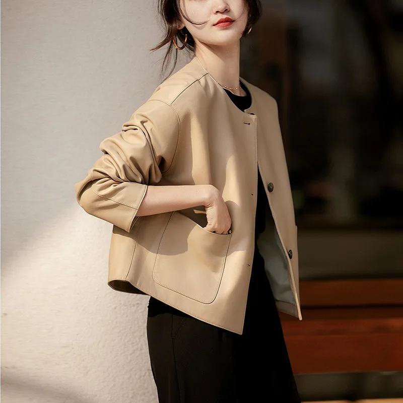

True Sheepskin Short Silhouette Round Neck Leather Coat Spring New Leather Coat Women's Luxury Genuine Leather
