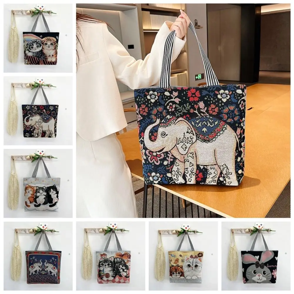 

Повседневная сумка с вышивкой в этническом стиле, Холщовая Сумка-тоут с кошкой, слоном, женская сумка на плечо, косметичка