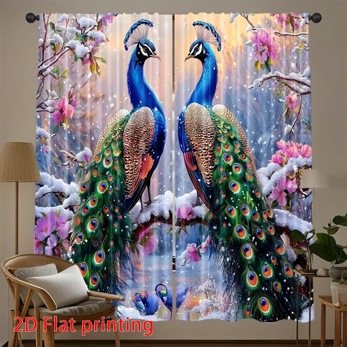 Rideau de luxe motif paon, draperie 3D motif oiseaux d'hiver et neige, traitement de fenêtre floral coloré pour salon, chambre et décoration intérieure 1
