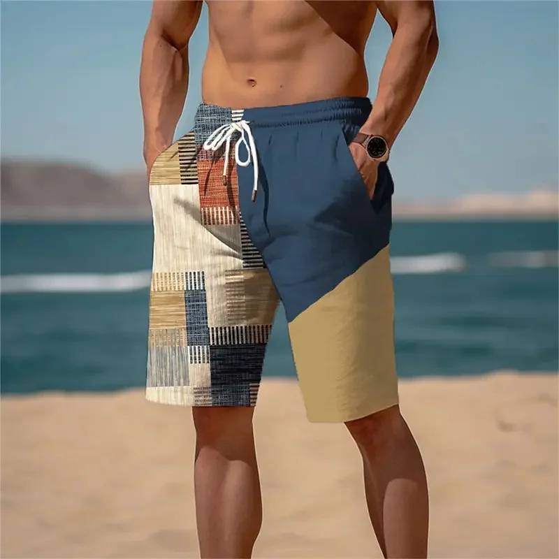 3D Printed Color Block Beach Shorts Men Colorful Plaid Pattern Short Pants Summer Hawaiian Casual Sports Quick Dry Swim Trunks 4