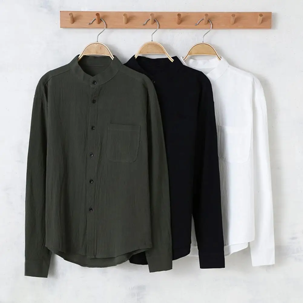 

Casual Men Shirt Breathable Stylish Men's Shirts Stand Collar Single-breasted Mid-length with Soft Patch Pockets for Spring Fall