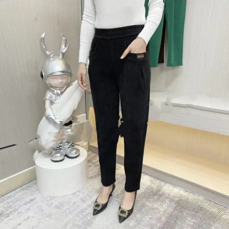 2024 Women's Autumn New Combination Elastic High Waist Pocket Folds Fashion Solid Color Casual Versatile Western Harlan Pants