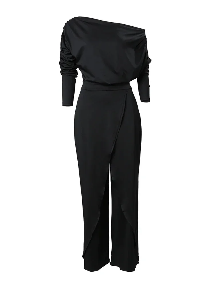 Elegant Jumpsuits for Women Spring New Plain Elegant Office Lady Loose Ruched Cold Shoulder Split Hem Wide Leg Jumpsuit OFE04