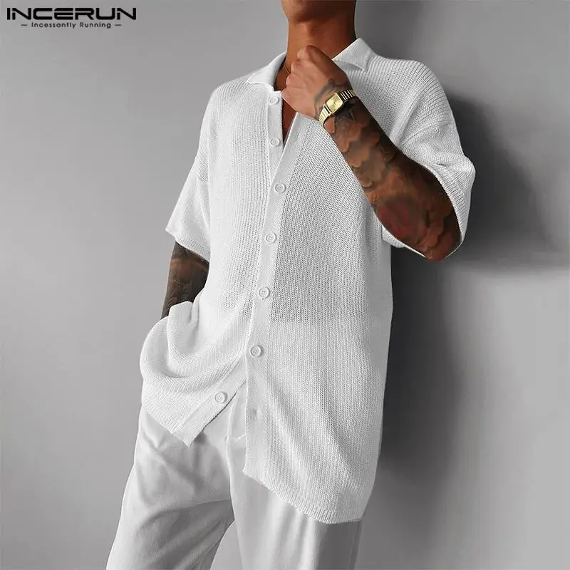 

Casual Simple Style Tops INCERUN New Men's Solid All-match Shirts Stylish Streetwear Male Hot Selling Short Sleeved Blouse S-5XL
