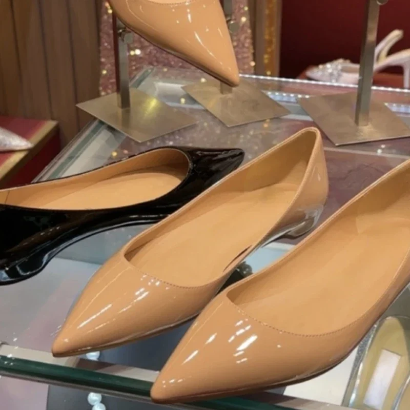 Nude Flat Shoes Women's Spring  New Low-heeled Temperament Pointed-toe Versatile Patent Leather Black Red Soled Women's Shoes 2