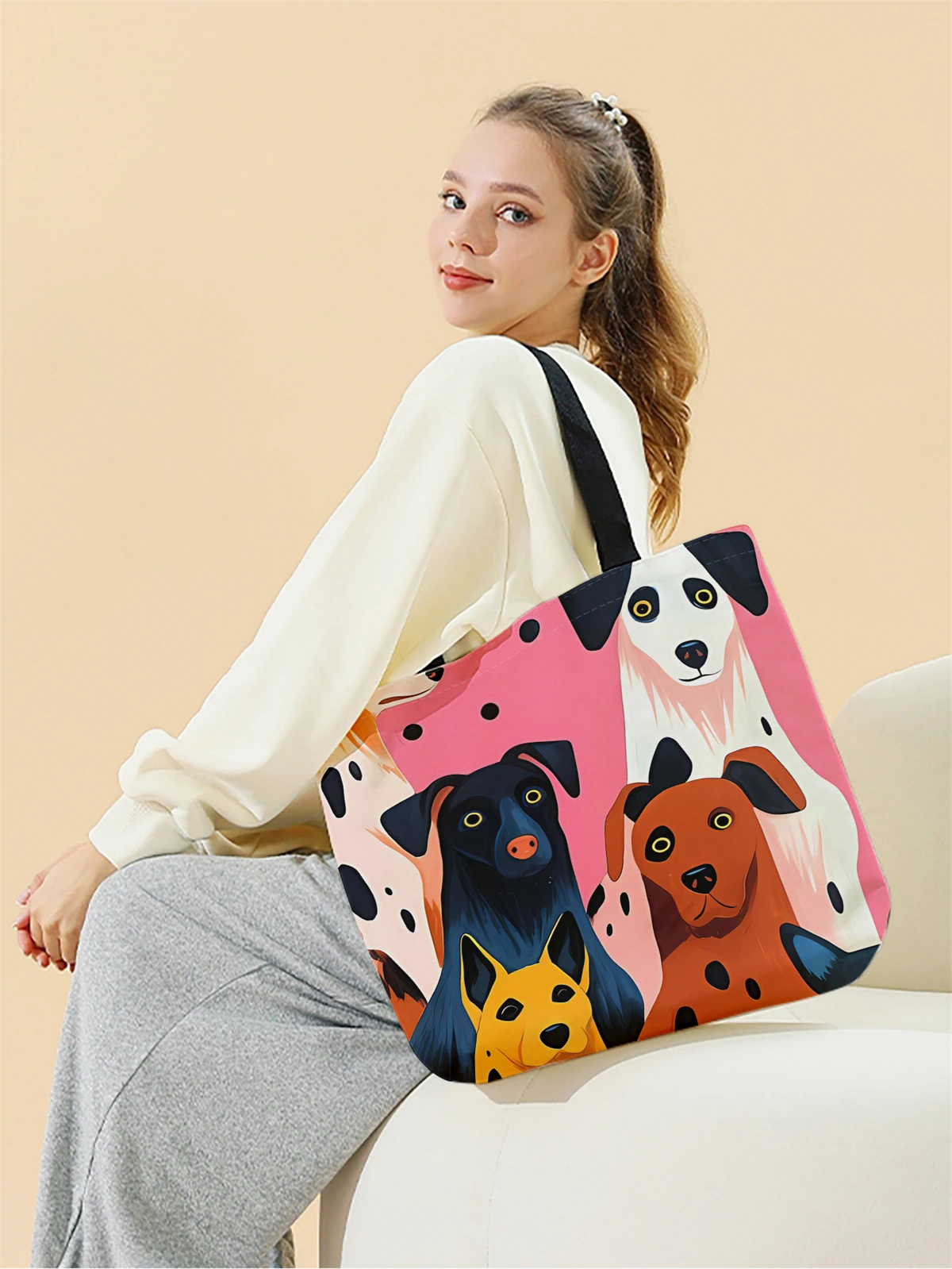 1pc,Spotted Dog handbag, reusable fashionable handbag, multifunctional handbag, printed canvas shopping bag