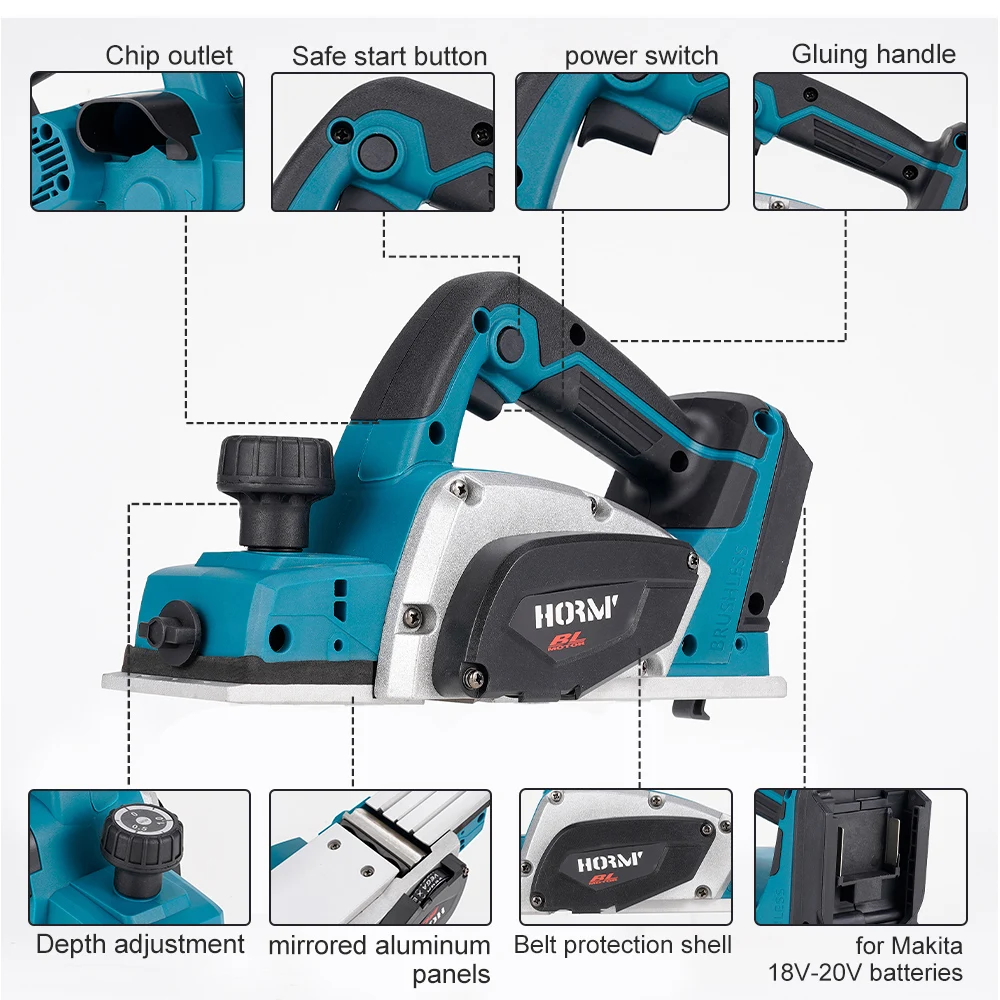 Hormy Brushless Planer Multifunctional Home Desktop Hair Planer Woodworking Portable Hand Tool for Makita 18V Lithium Battery 4