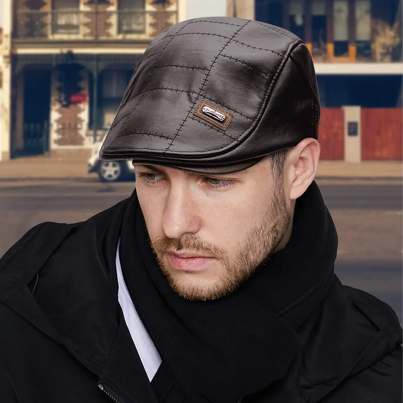 Men Fashion Retro PU Leather Beret Hats Autumn Winter Warm Beret Hat Middle-aged Men's Visor Warm Flat Peaked Cap Adjustable 5