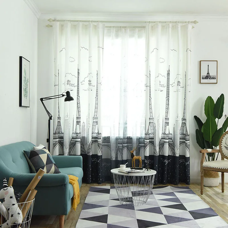 

Paris Curtains, World Capital City of Love French European Hand Drawn Sketch Eiffel Illustration, Window Treatments for Bedroom