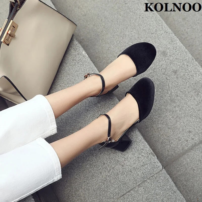 

Kolnoo Handmade Ladies Thick Heels Pumps Buckle Ankle Strap Three-colors Option Summer Dress Shoes Evening Fashion Court Shoes