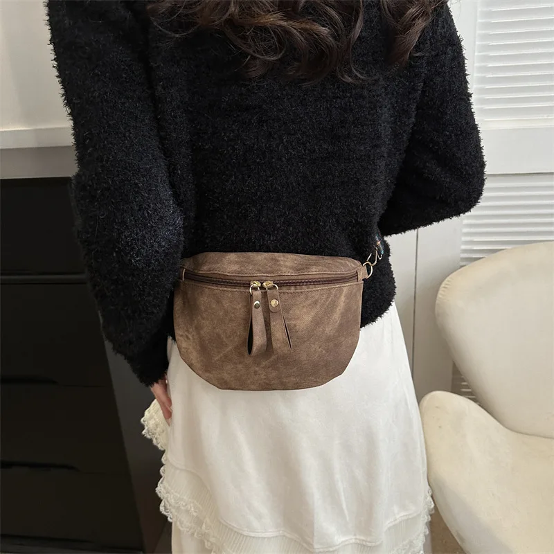 Women Stylish Crossbody Bag with Wide Strap Vintage Chest Bag PU Leather Fashion Sling Bag Female Daily Dating Bag