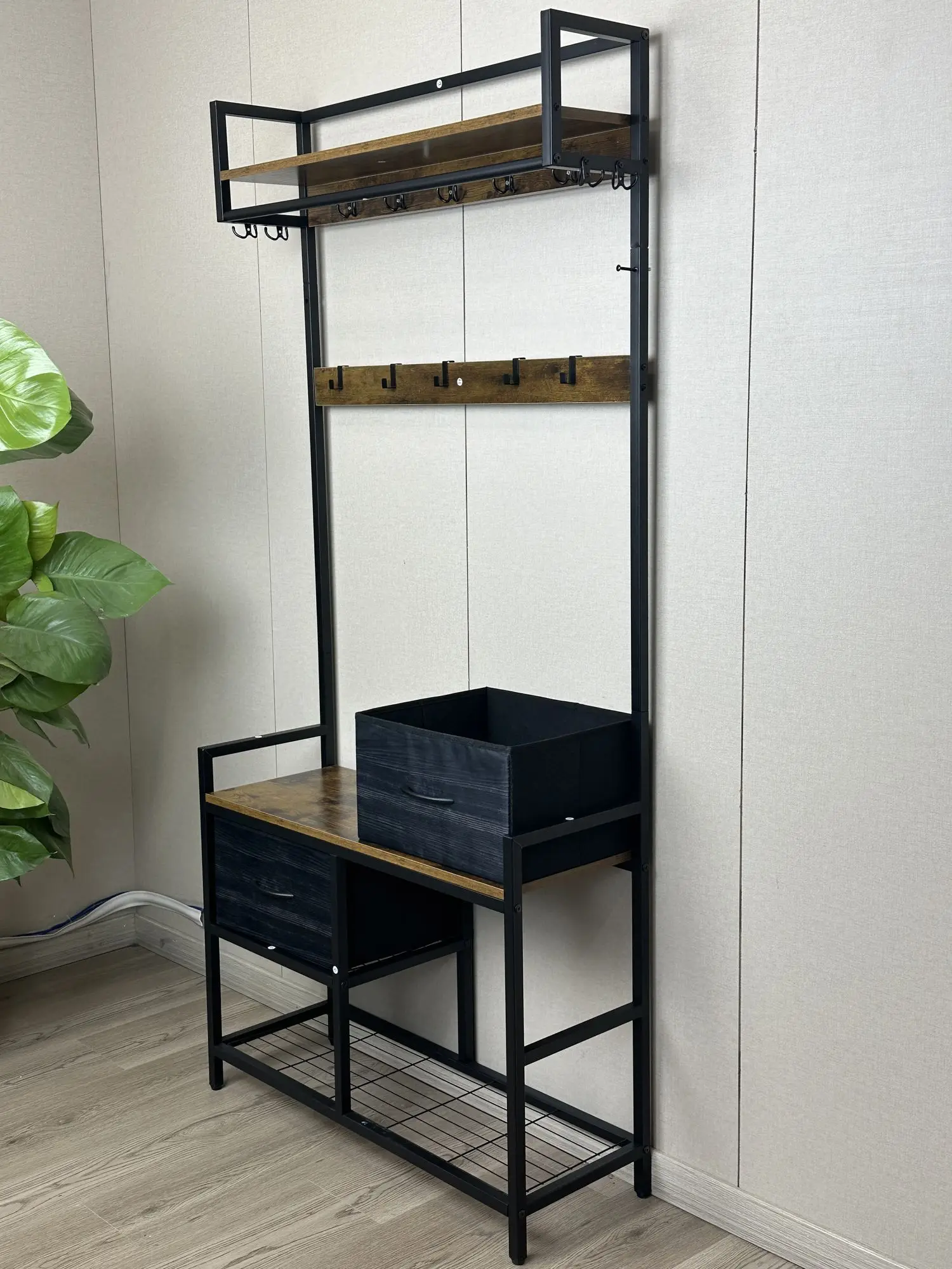 33.1" Wide Hall Tree with 2 Movable Drawers, Shoe Storage, Shelves and Garment Racks, 5-in-1 Entryway Bench with 23 Hooks